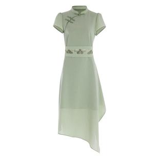 花木深新中式改良旗袍女苗绣图案刺绣腰封款连衣裙泡泡袖立领裙子