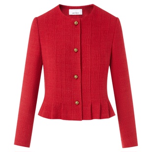 朗姿红色圆领多褶下摆短外套时尚气质百搭通勤上衣2026年春季新款