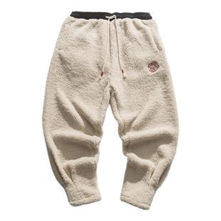 冬季保暖加绒加厚羊羔毛裤子男外穿中国风刺绣长裤宽松休闲哈伦裤