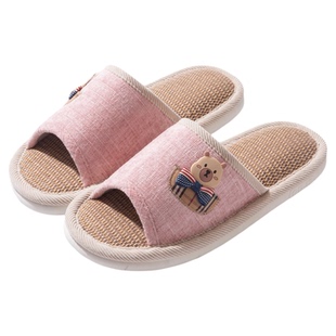 亚麻拖鞋女款2026新款春秋室内家居厚底防滑卡通棉麻布拖鞋男四季