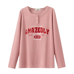 圆领打底衫女春秋新款灯芯绒加大码胖mm遮肚显瘦时尚字母长袖上衣