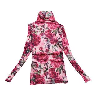 欧洲站高领打底衫网纱长袖T恤女2025秋冬新款修身加绒印花上衣潮