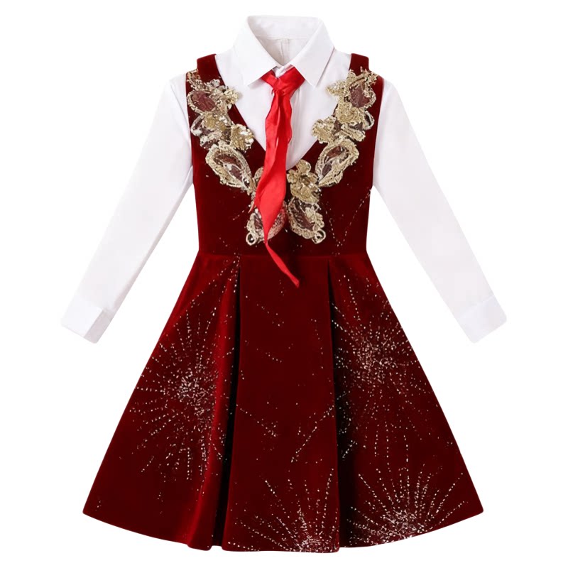 儿童合唱演出服小学生朗诵主持人男童礼服国风喜庆红色拜年服女童