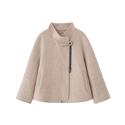 红色小香风盘扣短款双面羊毛大衣