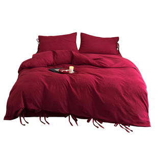 高档提花大红结婚纯棉四件套全棉绑带被套床单床笠结婚庆床上用品