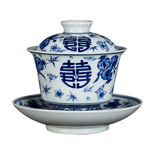 钟家窑陶瓷盖碗景德镇柴窑青花手绘多子多福囍字三才碗送礼敬茶碗