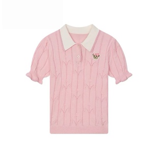 现货25年夏款小熊女童薄款甜美POLO领短袖针织衫中大童翻领上衣