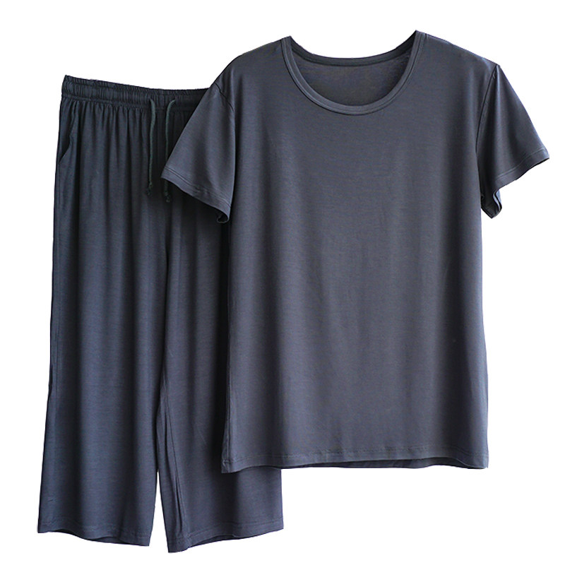 男士睡衣夏季短袖七分裤莫代尔薄款可外穿宽松冰丝凉感家居服套装