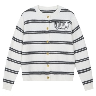 MEDM 字母贴布条纹开衫双层皮刺绣休闲毛衣潮男女纽扣针织衫春秋