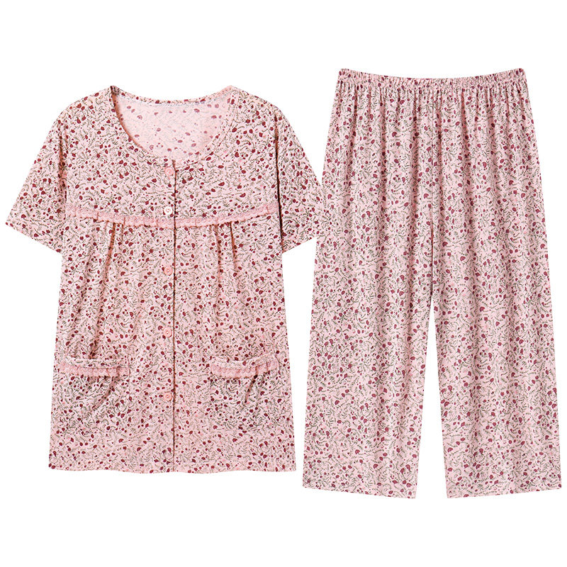 中年睡衣女款夏季纯棉开衫夏款夏天大码短袖七分裤套装妈妈家居服
