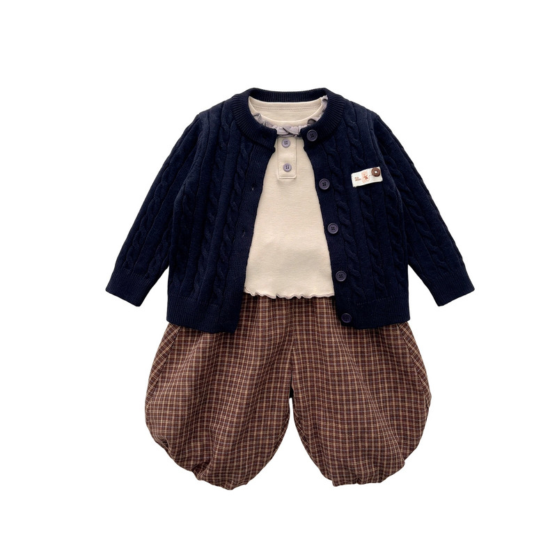 女童学院风毛衣格子裤子三件套