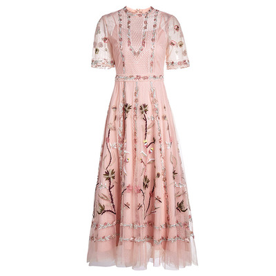 DIDA夏季新款女装网纱重工刺绣收腰显瘦大摆长裙礼服裙名媛连衣裙