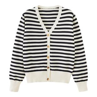 归路谭松韵归晓同款衣服条纹纯棉针织开衫毛衣V领宽松百搭外套女