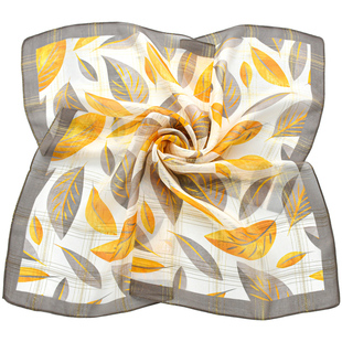 浅咖色金黄树叶金线真丝丝巾桑蚕丝纱巾薄款雪纺围巾方巾韩版领巾