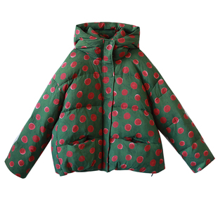 现货【明媚如花】连帽波点羽绒服纯棉印花90白鸭绒减龄女冬季外套