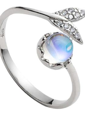 炫彩石人鱼尾开口戒指女个性食指戒人鱼眼泪指环天使之瞳银戒子