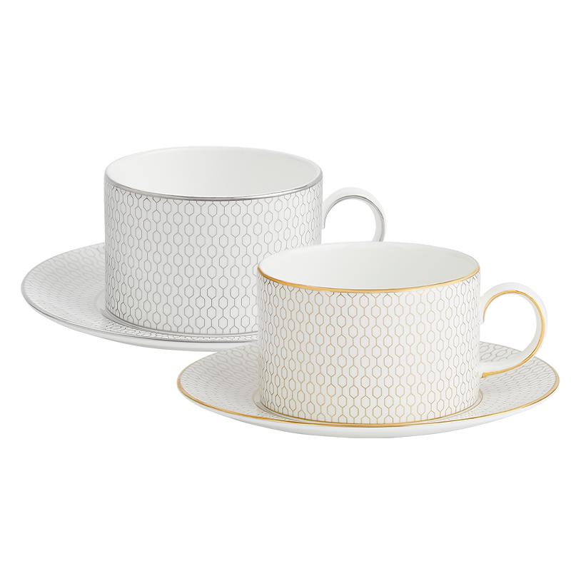 WEDGWOOD威基伍德白金&金色几何2杯2碟欧式骨瓷咖啡具茶具礼盒