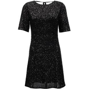 Vero Moda奥莱连衣裙秋冬新款收腰A版圆领亮片气质短袖小黑裙子