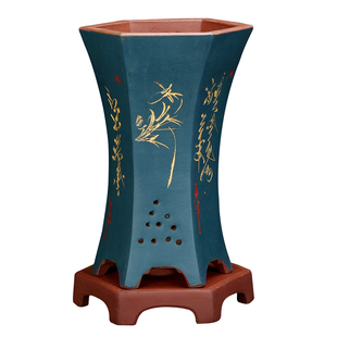 紫砂兰花盆精品手工刻绘六方君子兰蕙兰专用桌面蝴蝶兰盆景盆特价