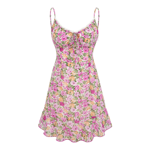 Go Girl Go自制法式复古碎花吊带连衣裙女夏修身裙子收腰花边短裙