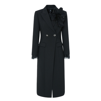 IDPAN西装领长外套冬季新款艺术羽毛胸花时尚高级黑色大衣女