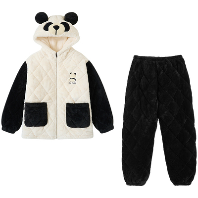 亲嘴猫连帽儿童睡衣冬季珊瑚绒三层加厚夹棉男女童家居服套装外穿