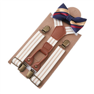 高档男女小童背带夹复古风条纹优质弹力松紧背带4夹吊裤夹