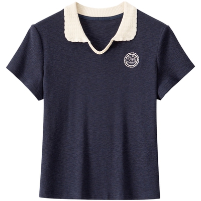 BANANA BABY2026夏季新款韩系学院风polo领撞色钩花娃娃领刺绣T恤