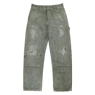 WIROTE威络泼墨水洗割烂磨破直筒井下双膝伐木牛仔工装长裤男