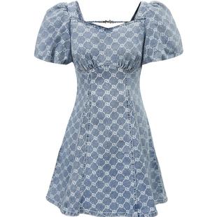 【ONLY奥莱】夏季莱卡面料泡泡袖短款满印牛仔连衣裙女