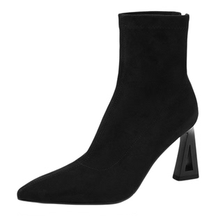 8.5cm巨好穿韩系气质尖头镂空高跟弹力瘦瘦靴子温柔百搭杏色短靴