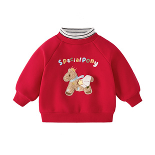 [保暖蓄热]女童卫衣秋冬女孩衣服儿童宝宝加绒男童新年款红色上衣