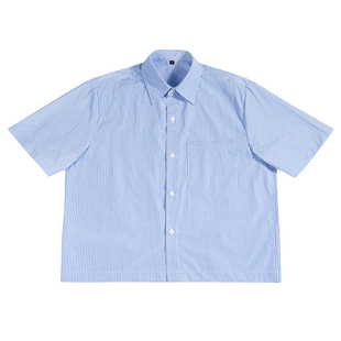 FIVE MEN新短宽版衬衫男蓝色竖条纹T恤衬衣美式boxy短款短袖衬衫