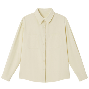 Halo Luu 淡黄色衬衫女秋季新款上衣韩系宽松纯棉设计感长袖衬衣