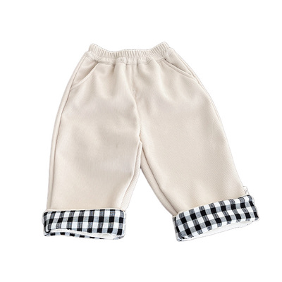 男童裤子冬款洋气拼接格子长裤