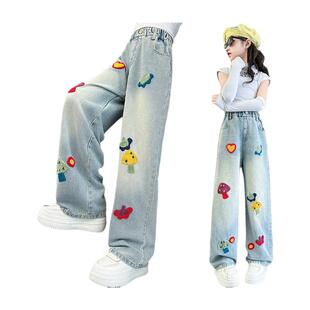 女童裤子春秋款2026新款时髦大童直筒休闲裤儿童春季牛仔阔腿裤潮