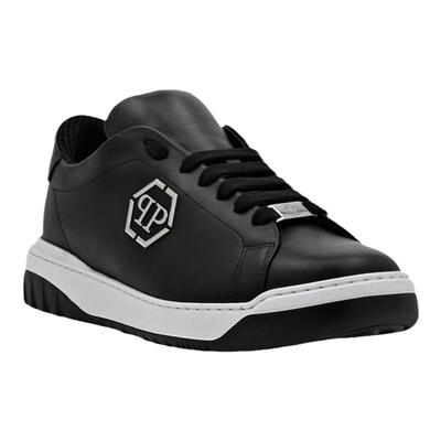 PhilippPlein男鞋金属标徽黑色小牛皮系带休闲低帮运动鞋