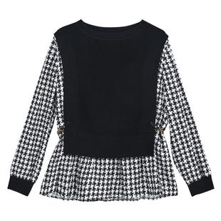YINER音儿女装冬季1996系列千鸟格拼接假两件羊毛混纺针织衫套头