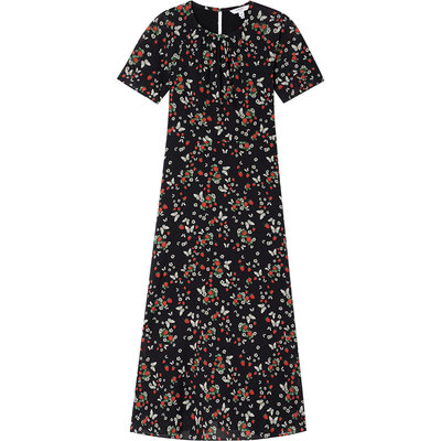 法式碎花桑蚕丝混纺收腰连衣裙