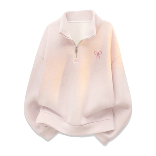 名创优品粉色卫衣女2026新款polo衫春季上衣女士半拉链早春外套D