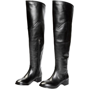 真皮头层牛皮高筒靴长靴简约骑士靴过膝靴圆头帅潮范女鞋黑色女靴