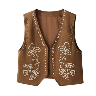 老钱风重工刺绣铆钉麂皮绒马甲背心女夏季外搭叠穿V领坎肩马夹潮