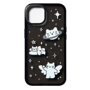 原创设计 猫咪宇宙 星球 天使 可爱插画 黑色透明软壳 适用苹果 iPhone 17/16/15/14/13/12/11 Pro Max plus