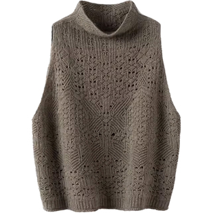 一穿难忘~羊绒背心马甲女立领无袖镂空提花羊绒马甲