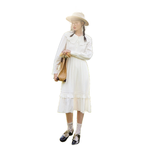 紫涵娃娃领长袖连衣裙女春秋季新款法式甜美高腰白色A字长款裙子