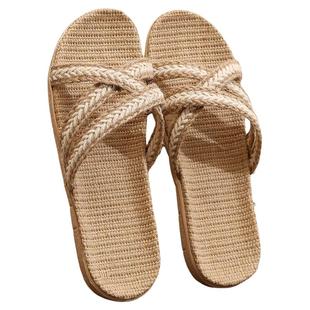 麻编织拖鞋居家简约室内夏亲肤交叉绑带家用静音女波西米亚风拖鞋