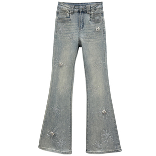 欧货烫钻牛仔裤女2026年新款春装高腰显瘦紧身百搭镶钻微喇长裤潮