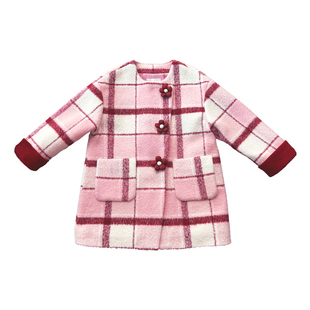 小童木 可爱格纹女童呢子外套冬季新款年服花朵扣中大童毛呢大衣