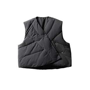 NOEARS秋季复古黑灰色短款羽绒马甲日系cityboy宽松白鸭绒V领外套