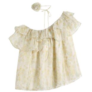 Wildshadow衬衫女斜肩玫瑰花choker碎花上衣2024夏季新款官方授权